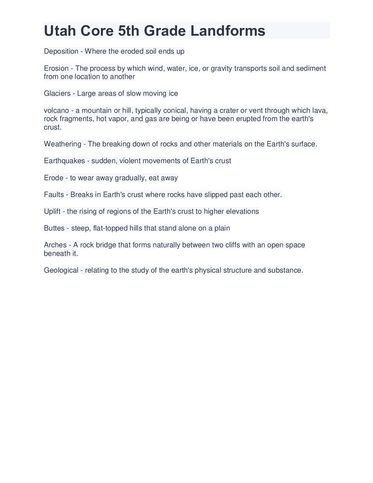 Preview image of Utah Core/ 5th Grade Landforms document